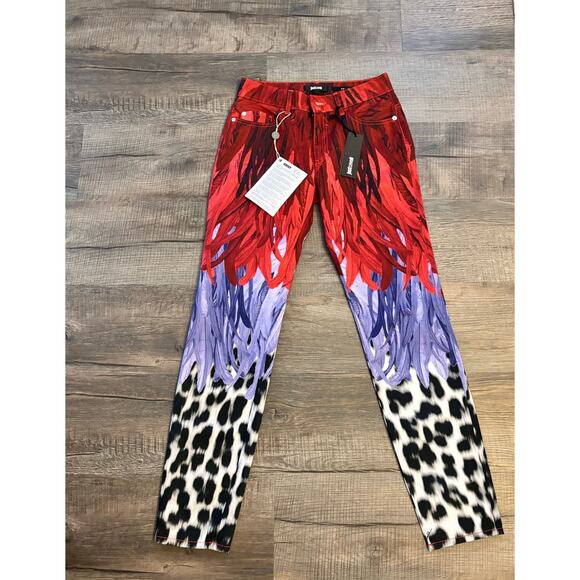 NWT Just Cavalli Feather Leopard Print Skinny Jeans Red Purple Y2K Size S 25.5 - Picture 1 of 13